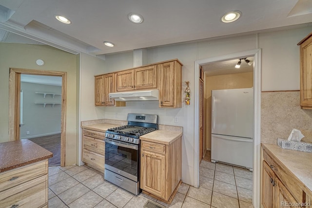 236 Boreen Way, Howard, CO 81233 - kitchen featuring freestanding refrigerator, under cabinet range hood, stainless steel gas range, light tile patterned flooring, and recessed lighting