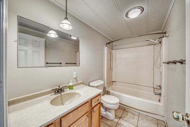 236 Boreen Way, Howard, CO 81233 - bathroom featuring a textured ceiling, toilet, vanity, bathtub / shower combination, and tile patterned floors
