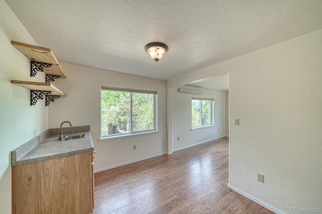 236 Boreen Way, Howard, CO 81233 - kitchen featuring open shelves, a sink, an AC wall unit, wood finished floors, and baseboards