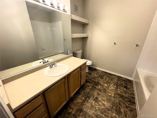 bathroom with visible vents, toilet, shower / bath combination, baseboards, and vanity