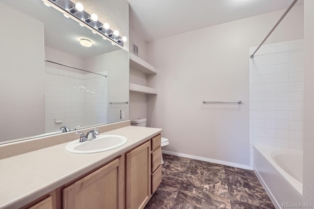 bathroom with vanity, baseboards, visible vents, shower / washtub combination, and toilet