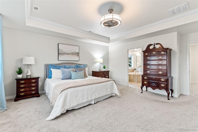 19894 W 94th Ln, Arvada, CO 80007 - bedroom with a raised ceiling, carpet flooring, ornamental molding, and ensuite bathroom