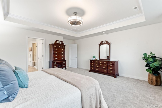 19894 W 94th Ln, Arvada, CO 80007 - bedroom featuring a tray ceiling, crown molding, light carpet, and ensuite bath