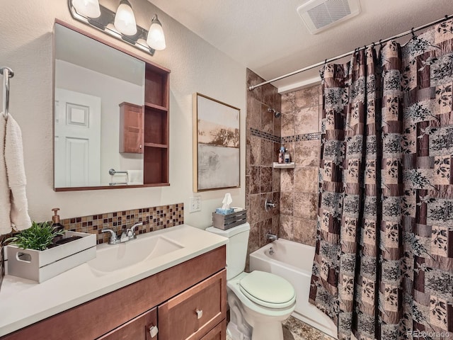 full bathroom with tasteful backsplash, a textured ceiling, vanity, shower / tub combo with curtain, and toilet