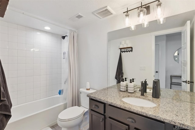 full bathroom featuring vanity, toilet, and shower / bathtub combination with curtain