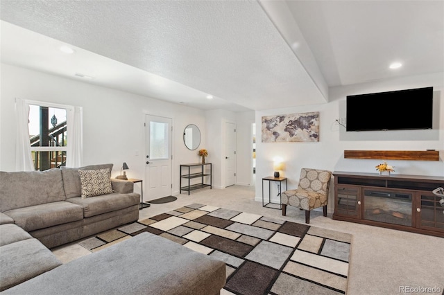 living room featuring a textured ceiling and light colored carpet