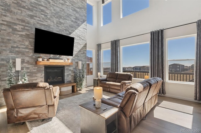 living room with wood-type flooring and a high ceiling