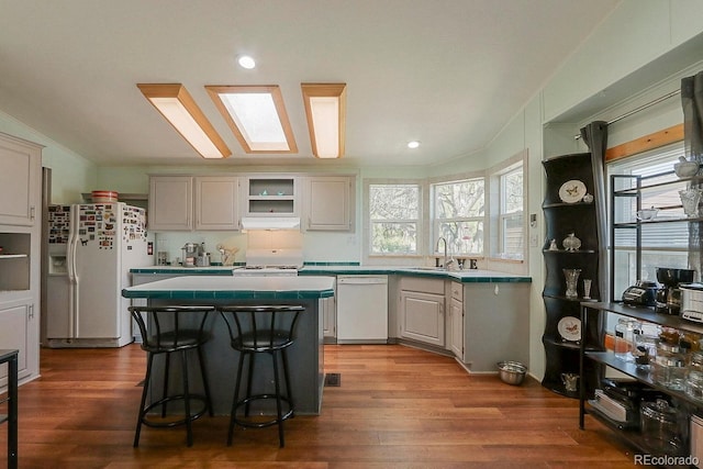 kitchen featuring hardwood / wood-style flooring, a healthy amount of sunlight, white appliances, and a skylight