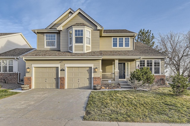 view of front of home with covered porch, a garage, and a front lawn