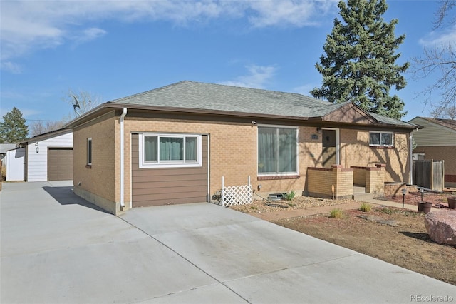 11360 Irma Dr, Northglenn, CO 80233 - ranch-style house featuring concrete driveway, an outdoor structure, brick siding, and a shingled roof