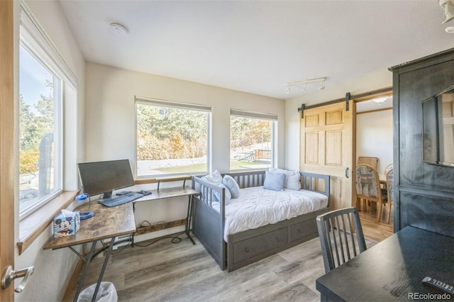 bedroom with a barn door, light hardwood / wood-style floors, and track lighting