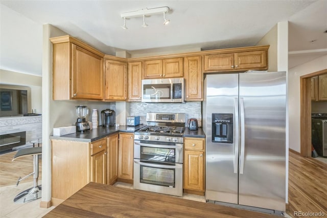 kitchen with decorative backsplash, stainless steel appliances, and light hardwood / wood-style flooring