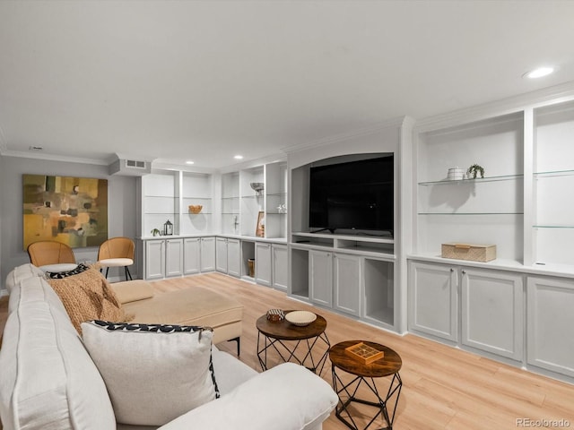 405 S University Blvd, Denver, CO 80209 - living room with ornamental molding, light wood-style flooring, recessed lighting, and built in features
