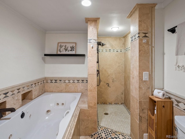 405 S University Blvd, Denver, CO 80209 - full bathroom with a tub with jets, a tile shower, crown molding, and toilet