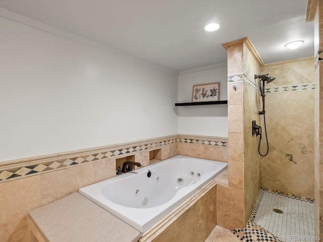 405 S University Blvd, Denver, CO 80209 - full bath featuring a whirlpool tub, tiled shower, ornamental molding, and tile patterned flooring