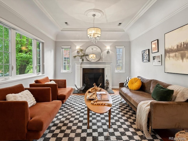 405 S University Blvd, Denver, CO 80209 - living room with a raised ceiling, a chandelier, plenty of natural light, wood finished floors, and crown molding