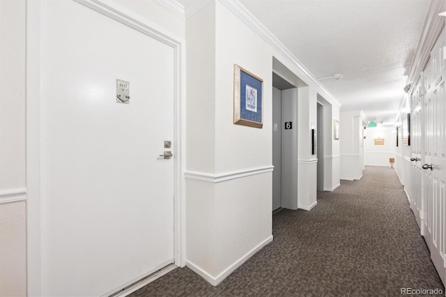 1029 E 8th Ave Unit 603, Denver, CO 80218 - hallway featuring dark carpet, ornamental molding, and elevator