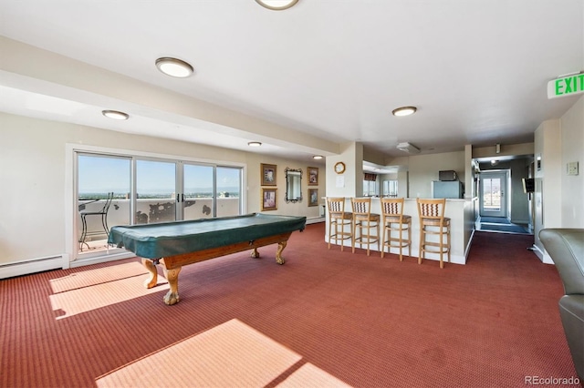 1029 E 8th Ave Unit 603, Denver, CO 80218 - playroom featuring carpet, a baseboard heating unit, and pool table