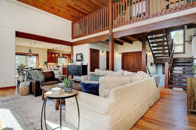 30220 Columbia Pt, Buena Vista, CO 81211 - living area with a high ceiling, light wood-style floors, stairs, and wooden ceiling