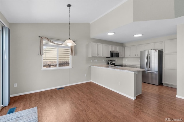3456 Osprey Ridge Dr, Colorado Springs, CO 80916 - kitchen with stainless steel appliances, lofted ceiling, light countertops, wood finished floors, and a peninsula