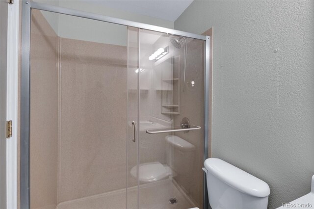 3456 Osprey Ridge Dr, Colorado Springs, CO 80916 - bathroom with toilet, a textured wall, and a stall shower