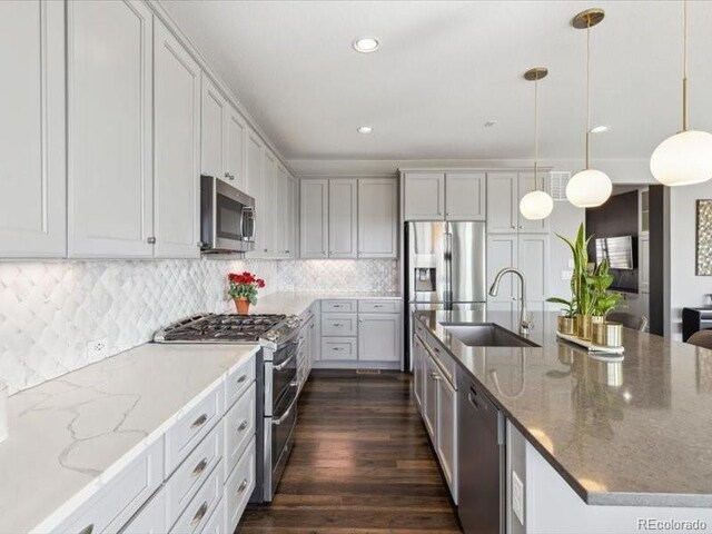 11426 Box Turtle Ct, Parker, CO 80134 - kitchen featuring stainless steel appliances, a sink, a large island with sink, light stone countertops, and dark wood-style floors