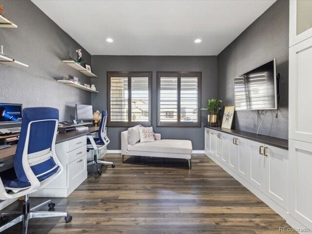 11426 Box Turtle Ct, Parker, CO 80134 - office area with dark wood-style flooring and recessed lighting