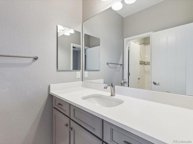 11426 Box Turtle Ct, Parker, CO 80134 - bathroom featuring vanity, a textured wall, and a shower