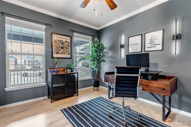 office with ornamental molding, baseboards, wood finished floors, and ceiling fan