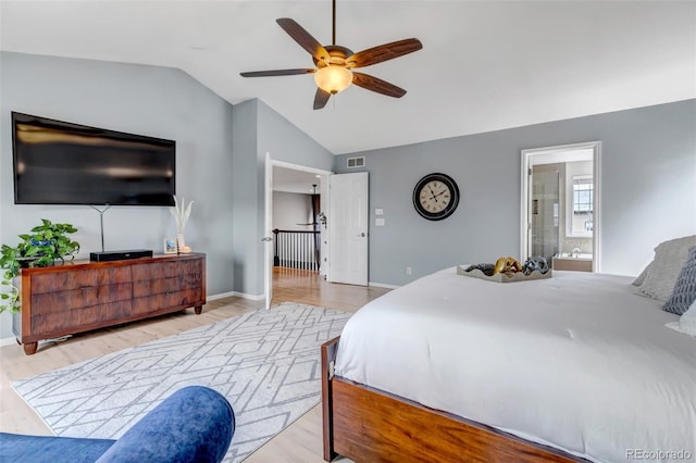 bedroom featuring vaulted ceiling, visible vents, a ceiling fan, light wood-type flooring, and baseboards