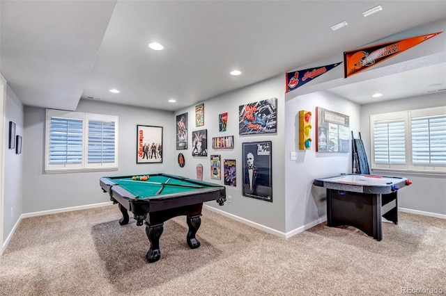 rec room with baseboards, carpet floors, and billiards