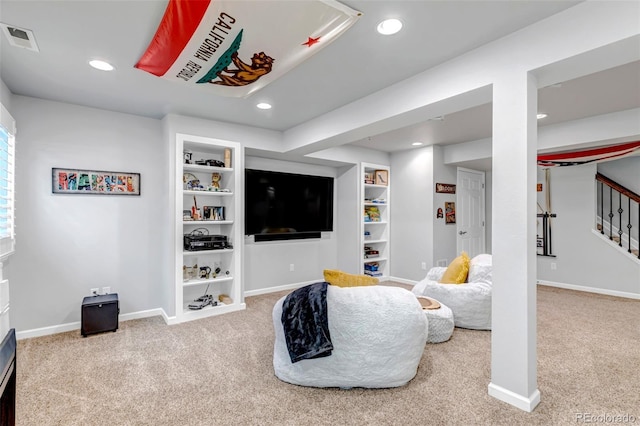 interior space with recessed lighting, carpet floors, visible vents, and baseboards