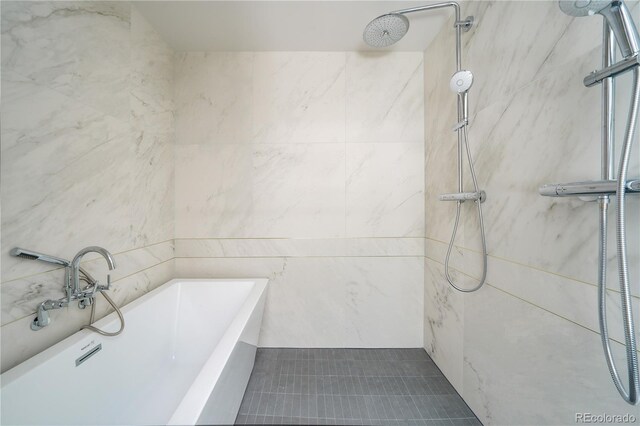 full bathroom featuring a tile shower, tile walls, and a washtub