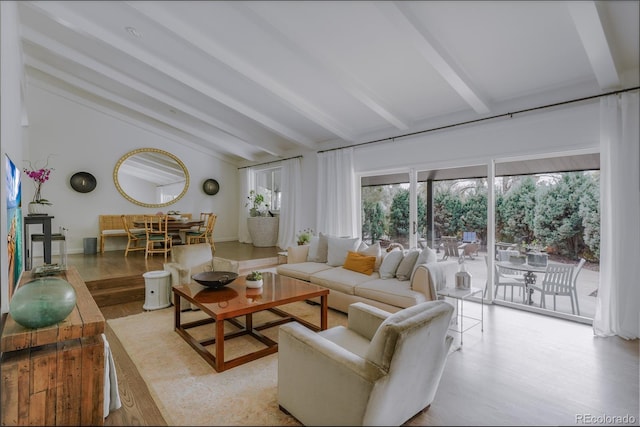 living room featuring wood finished floors and vaulted ceiling with beams