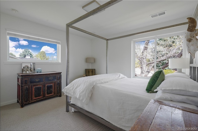 bedroom featuring carpet, baseboards, visible vents, and multiple windows
