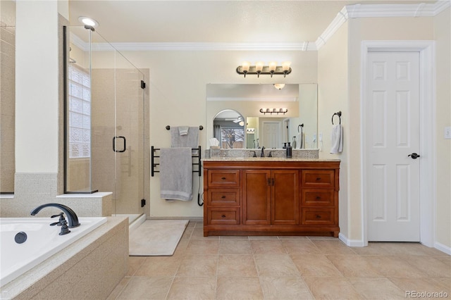 bathroom with vanity, separate shower and tub, tile patterned floors, and crown molding