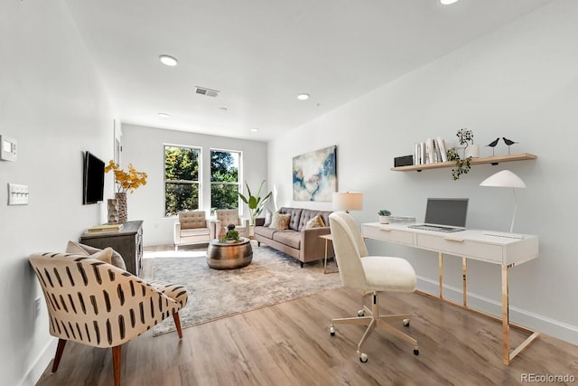 office area featuring light hardwood / wood-style floors