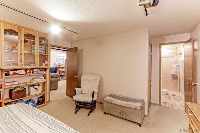 bedroom with light carpet, a textured ceiling, and baseboards