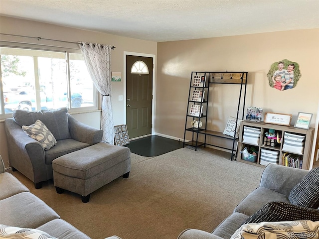 carpeted living room with baseboards and a textured ceiling