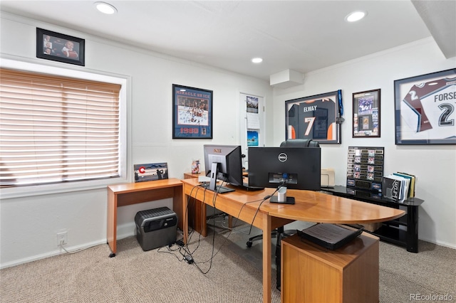 office area featuring recessed lighting, baseboards, and light colored carpet