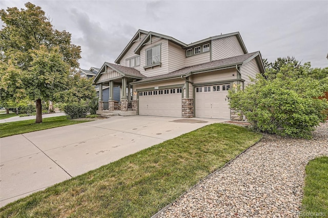 8317 Liverpool Cir, Littleton, CO 80125 - craftsman-style home featuring a garage, stone siding, concrete driveway, a front lawn, and a shingled roof