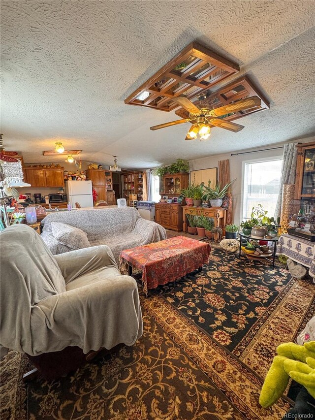312 Ceratosaurus Cir, Dinosaur, CO 81610 - living area with a textured ceiling and ceiling fan