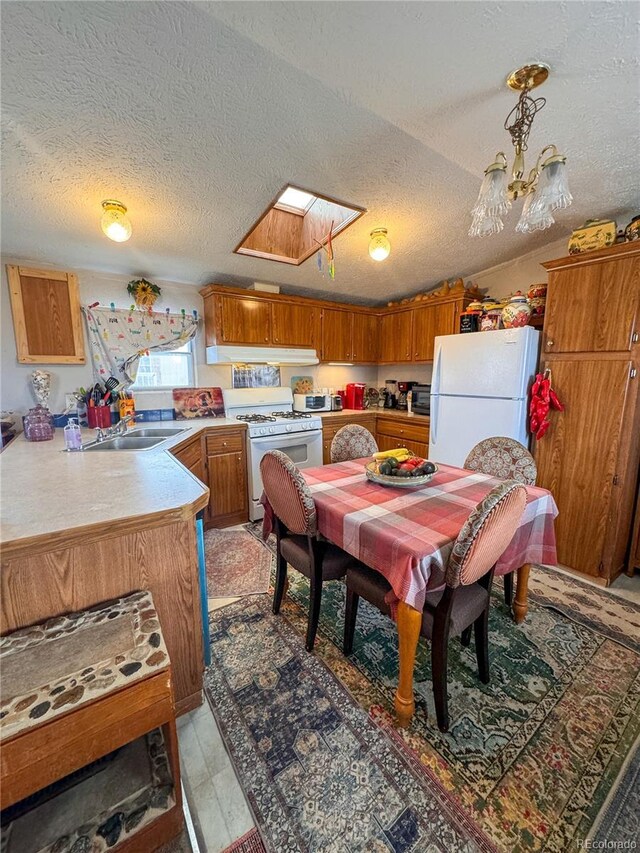 312 Ceratosaurus Cir, Dinosaur, CO 81610 - kitchen with a sink, white appliances, brown cabinets, and light countertops