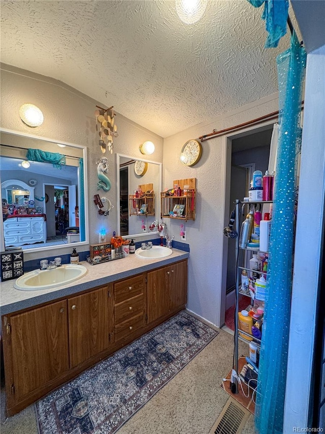 312 Ceratosaurus Cir, Dinosaur, CO 81610 - bathroom featuring double vanity, a sink, a textured ceiling, and a textured wall