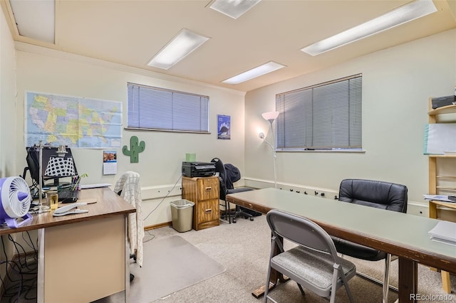 carpeted home office with ornamental molding