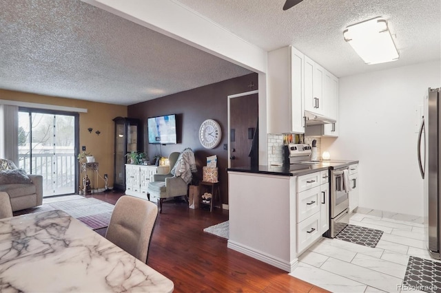 kitchen with open floor plan, white cabinetry, under cabinet range hood, decorative backsplash, and stainless steel appliances