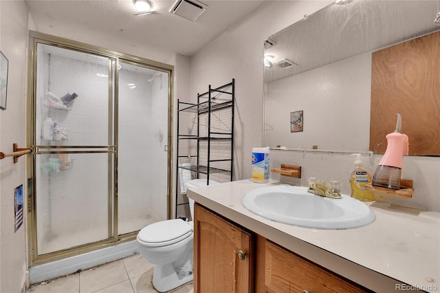 full bathroom with a stall shower, visible vents, toilet, tile patterned floors, and vanity