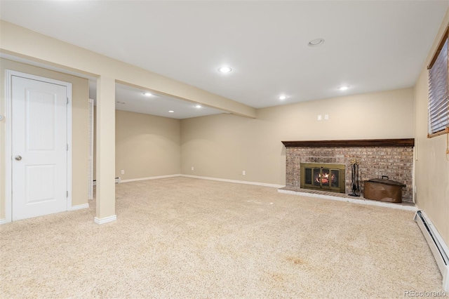 1246 S Telluride St, Aurora, CO 80017 - unfurnished living room with carpet floors, a baseboard heating unit, a fireplace, and recessed lighting