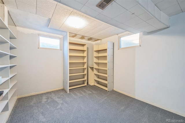 basement featuring a drop ceiling and dark carpet