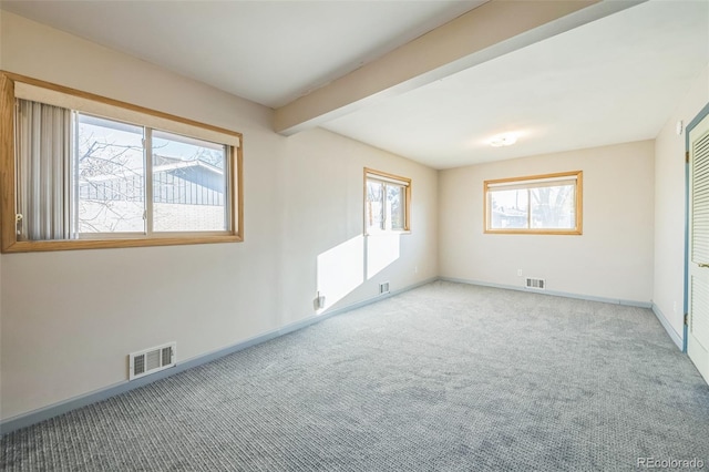 spare room featuring plenty of natural light, beam ceiling, and carpet floors